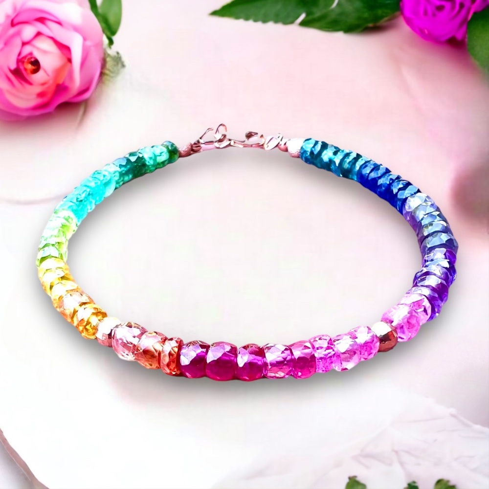 New Solid 14k Rose Gold Natural Alexandrite Topaz Sapphire Rainbow Bracelet